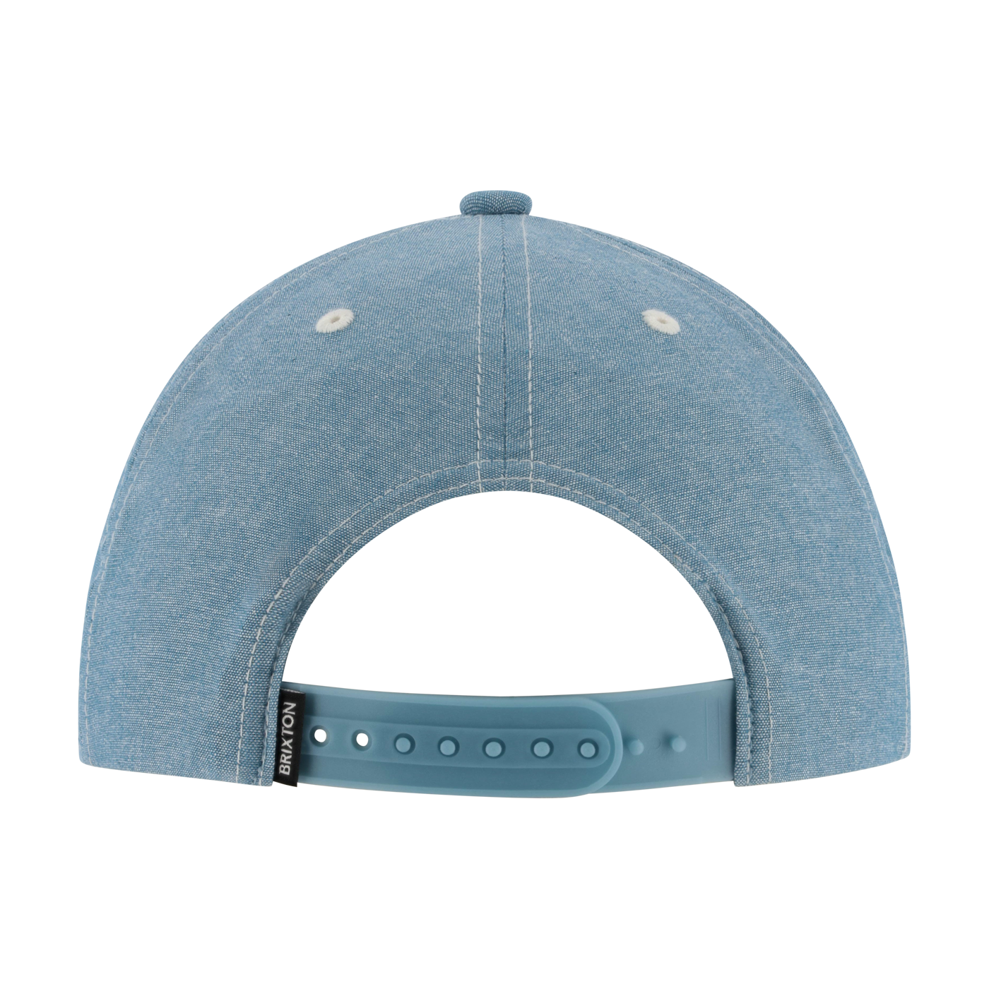 Blue denim cap with a visible brand logo on a white background