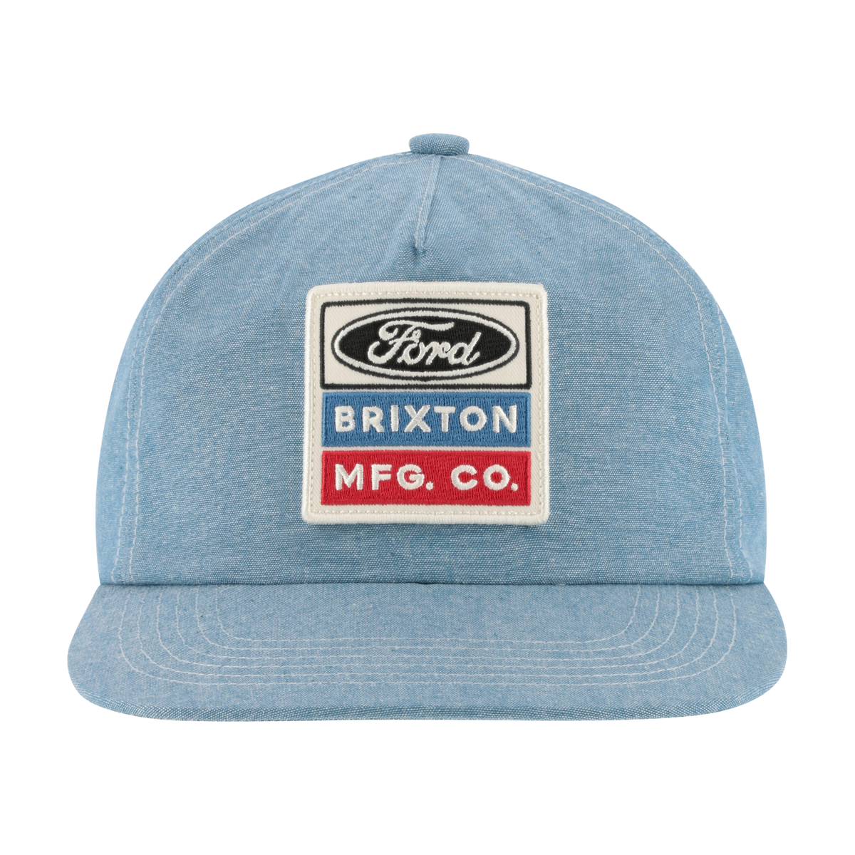 Blue denim cap with Ford and Brixton logos on a white background