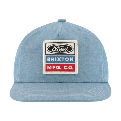 Blue denim cap with Ford and Brixton logos on a white background