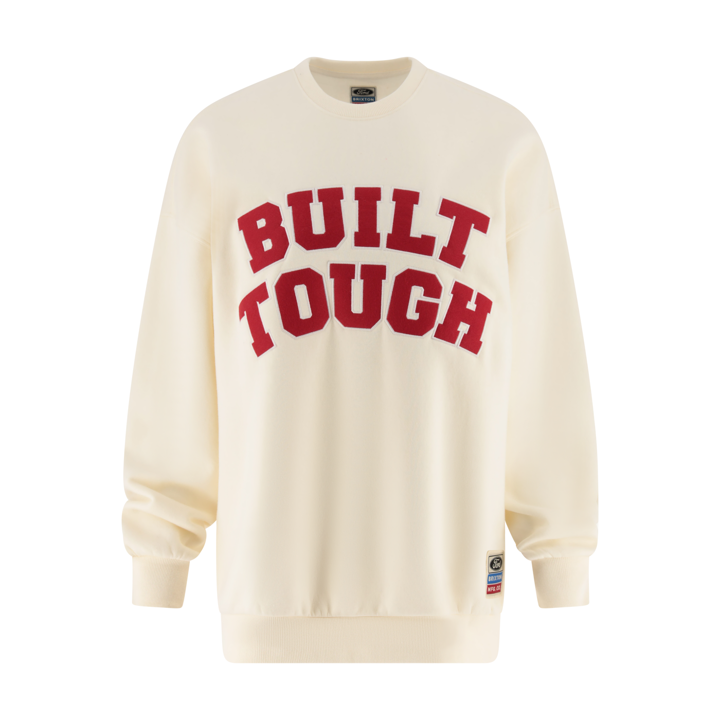 Cream-colored sweatshirt with 'BUILT TOUGH' text in red on a white background
