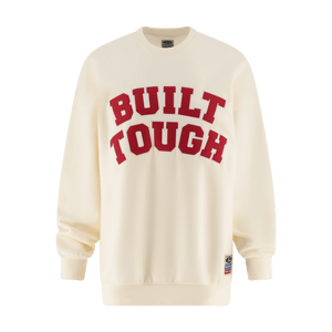 Cream-colored sweatshirt with 'BUILT TOUGH' text in red on a white background