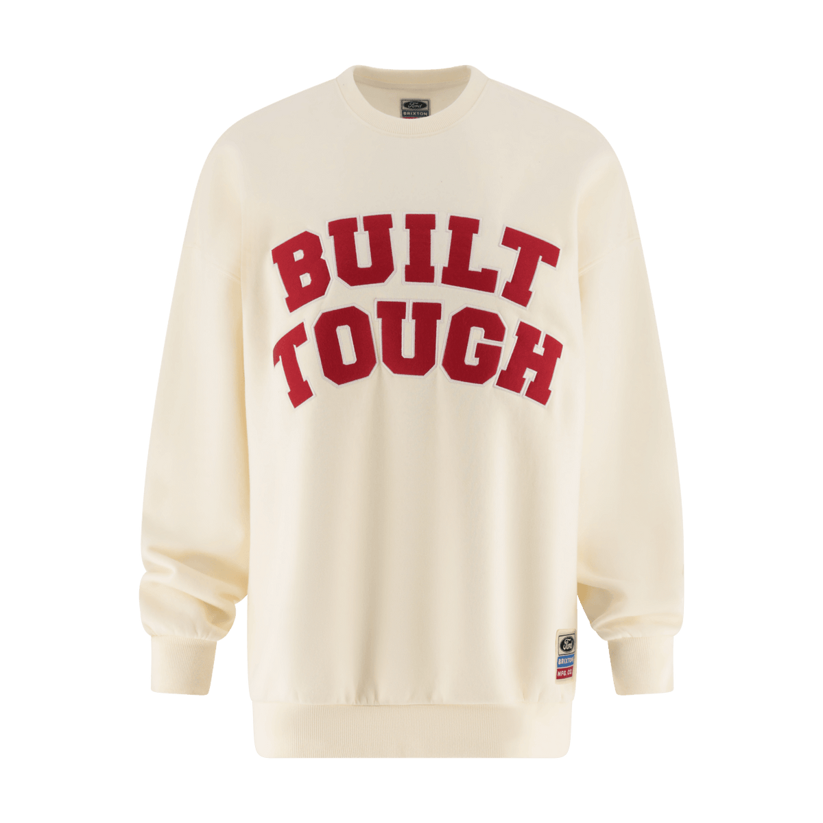 Cream-colored sweatshirt with 'BUILT TOUGH' text in red on a white background
