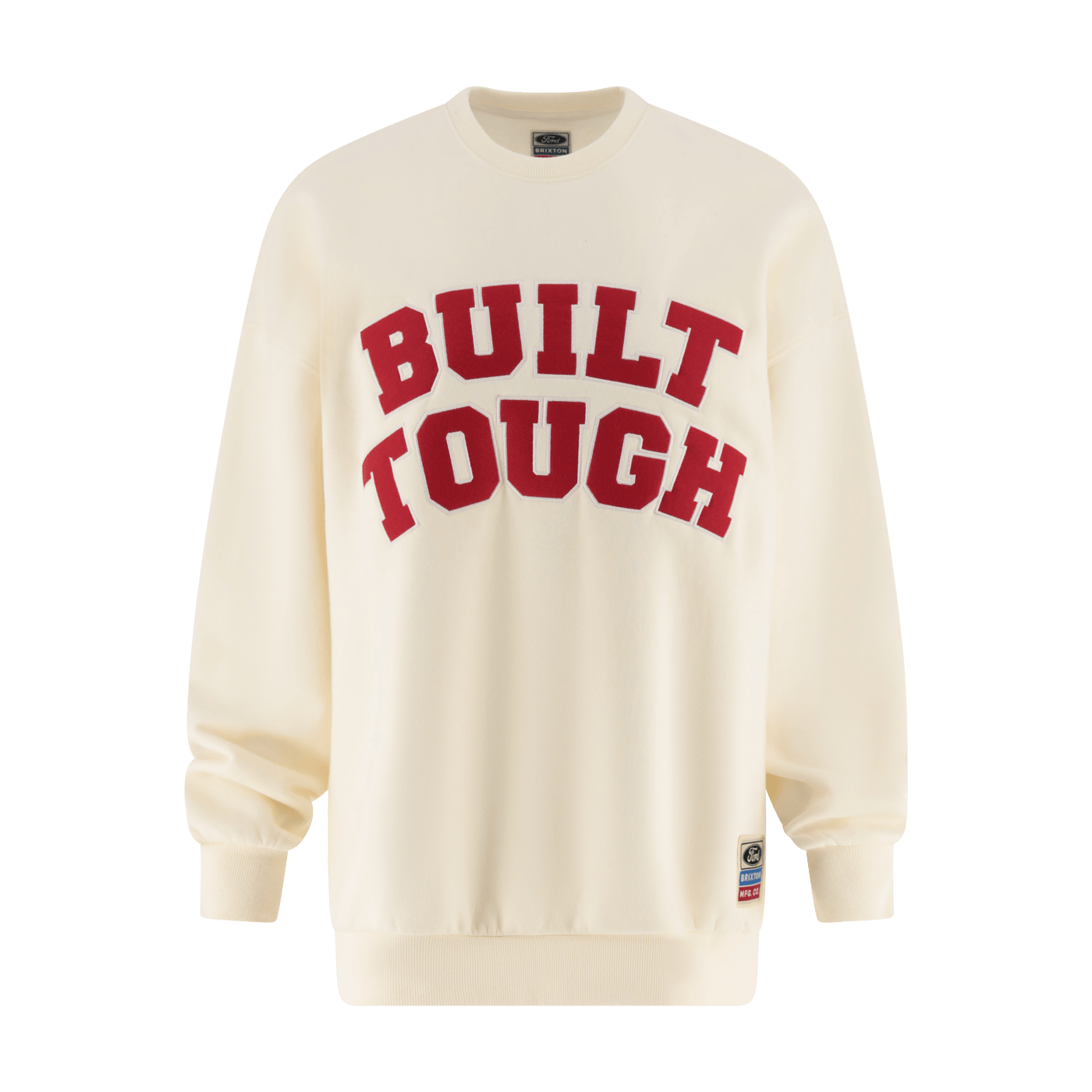 Cream-colored sweatshirt with 'BUILT TOUGH' text in red on a white background