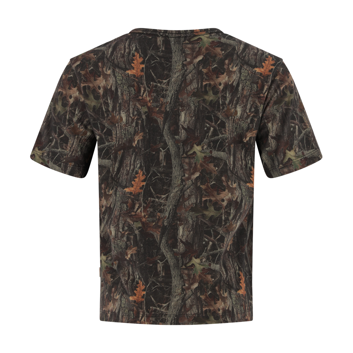 Camouflage-patterned t-shirt on a white background