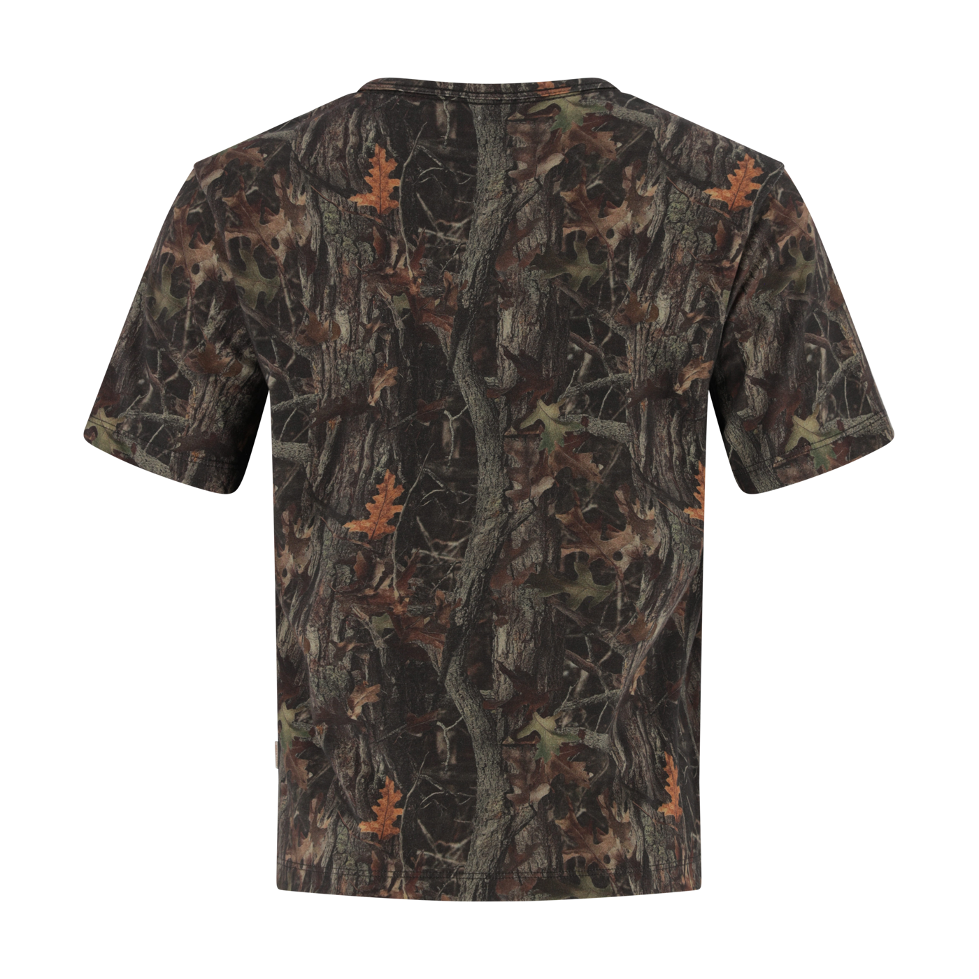 Camouflage-patterned t-shirt on a white background
