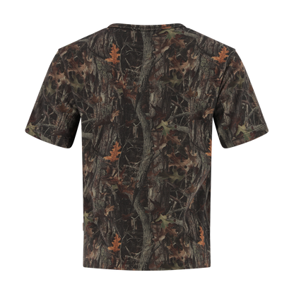 Camouflage-patterned t-shirt on a white background