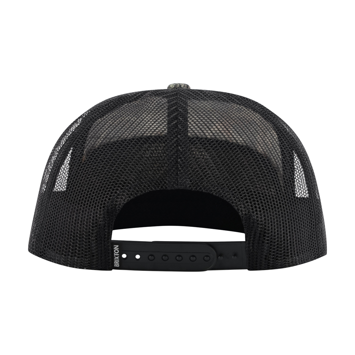 Black mesh cap with a white logo on a white background