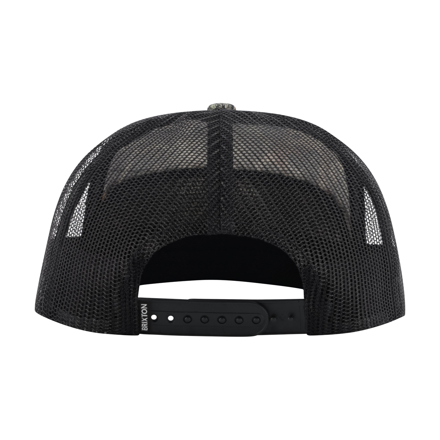 Black mesh cap with a white logo on a white background