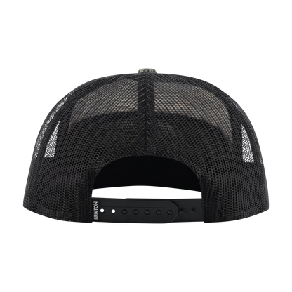 Black mesh cap with a white logo on a white background