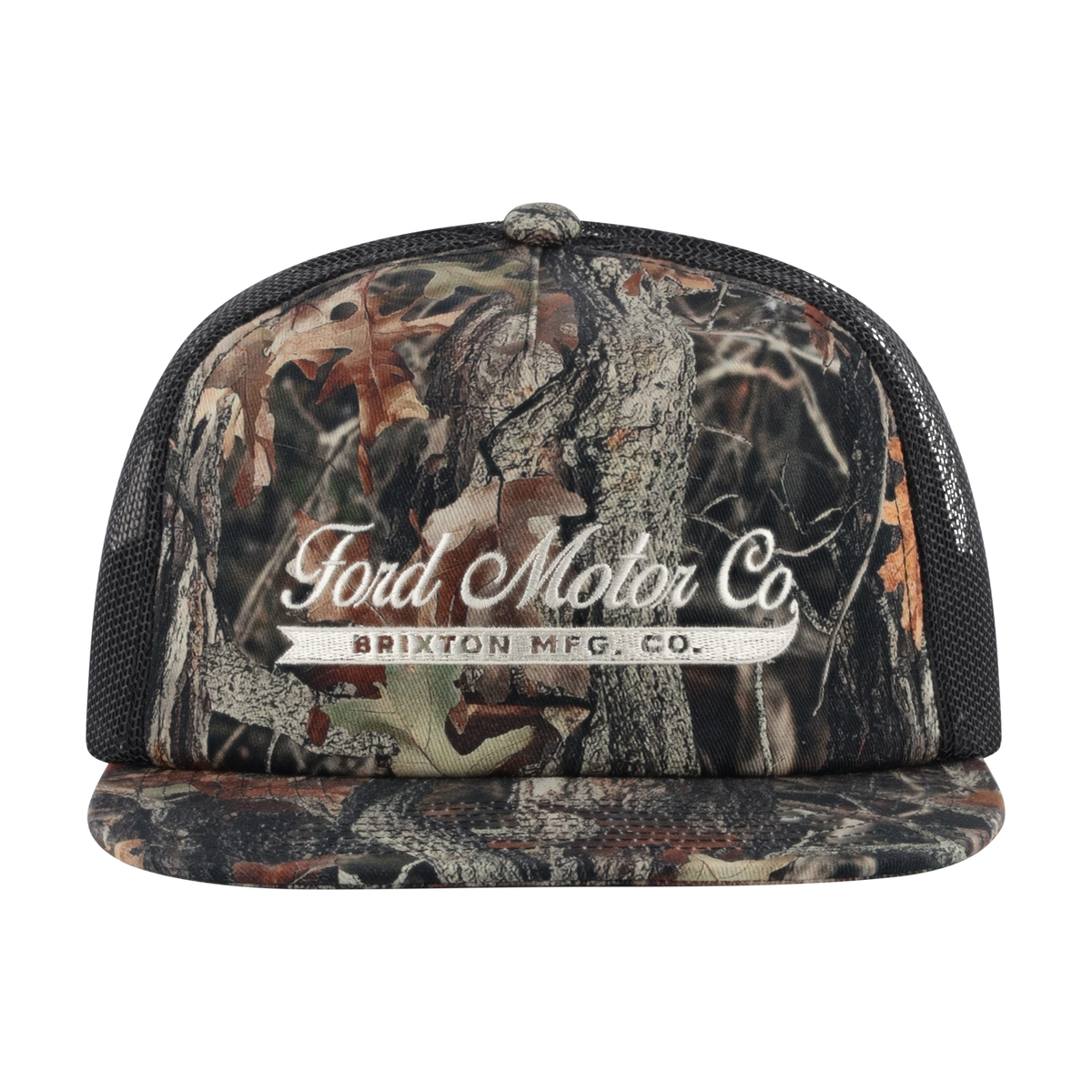 Camouflage trucker hat with Ford Motor Co. and Brixton Mfg. Co. branding on a white background
