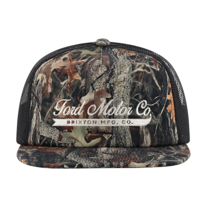 Camouflage trucker hat with Ford Motor Co. and Brixton Mfg. Co. branding on a white background