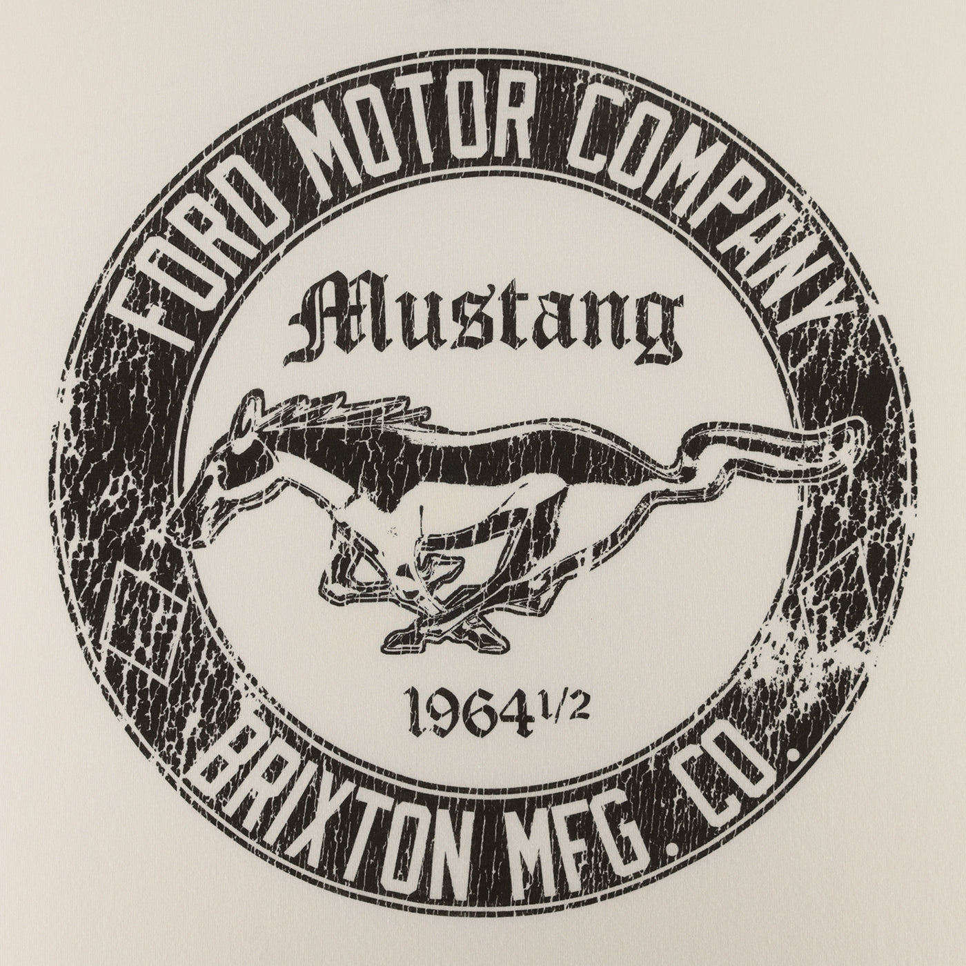 Vintage-style logo of Ford Motor Company Mustang with a horse and text on a beige background