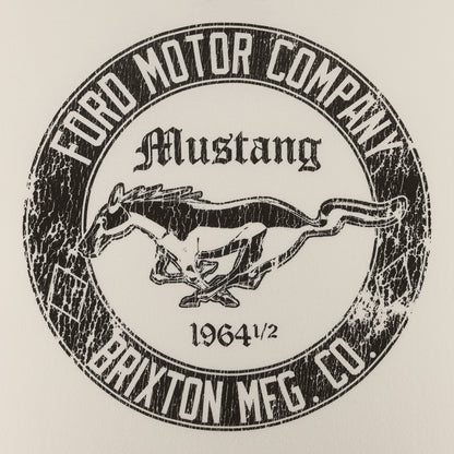 Vintage-style logo of Ford Motor Company Mustang with a horse and text on a beige background