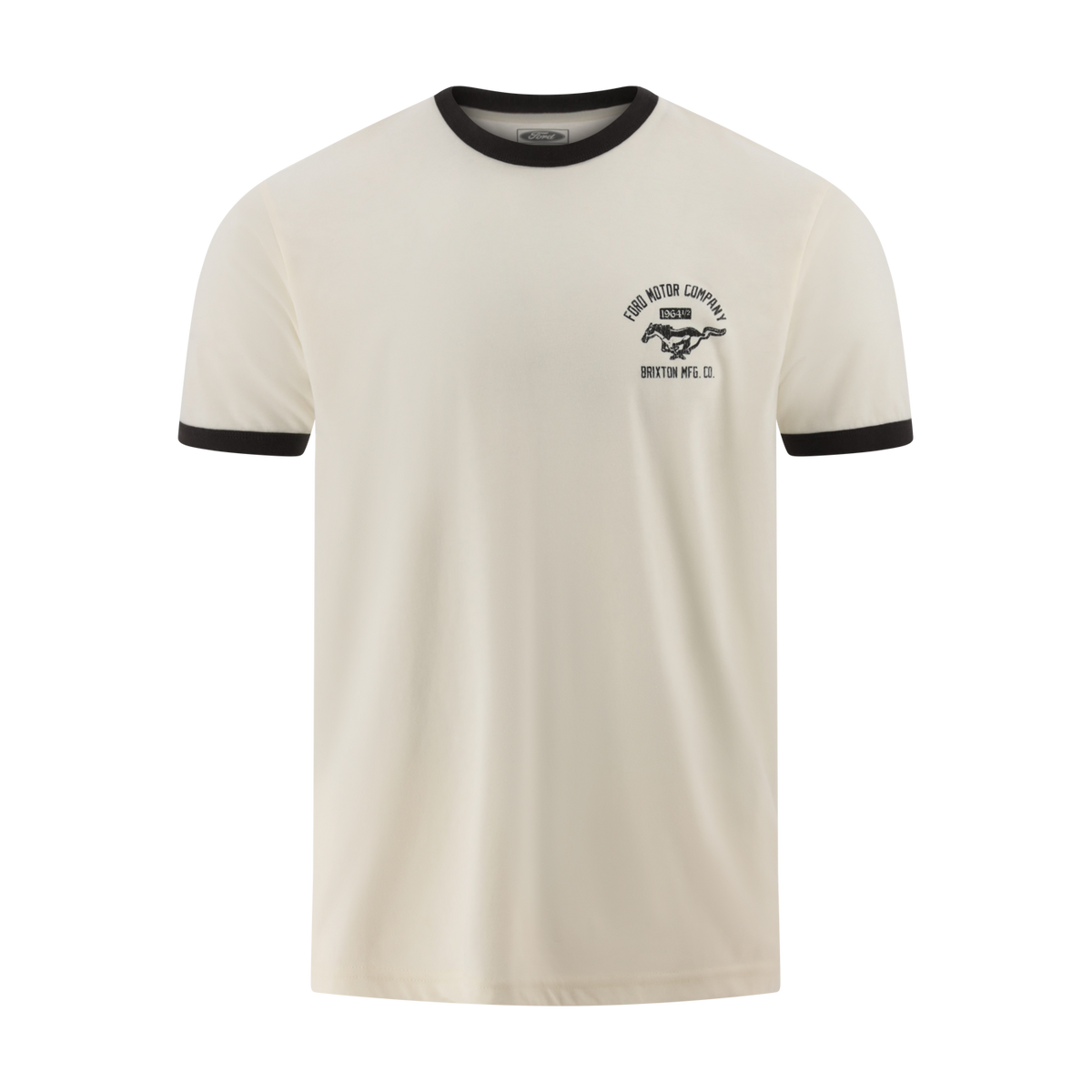 Beige t-shirt with black trim on a white background