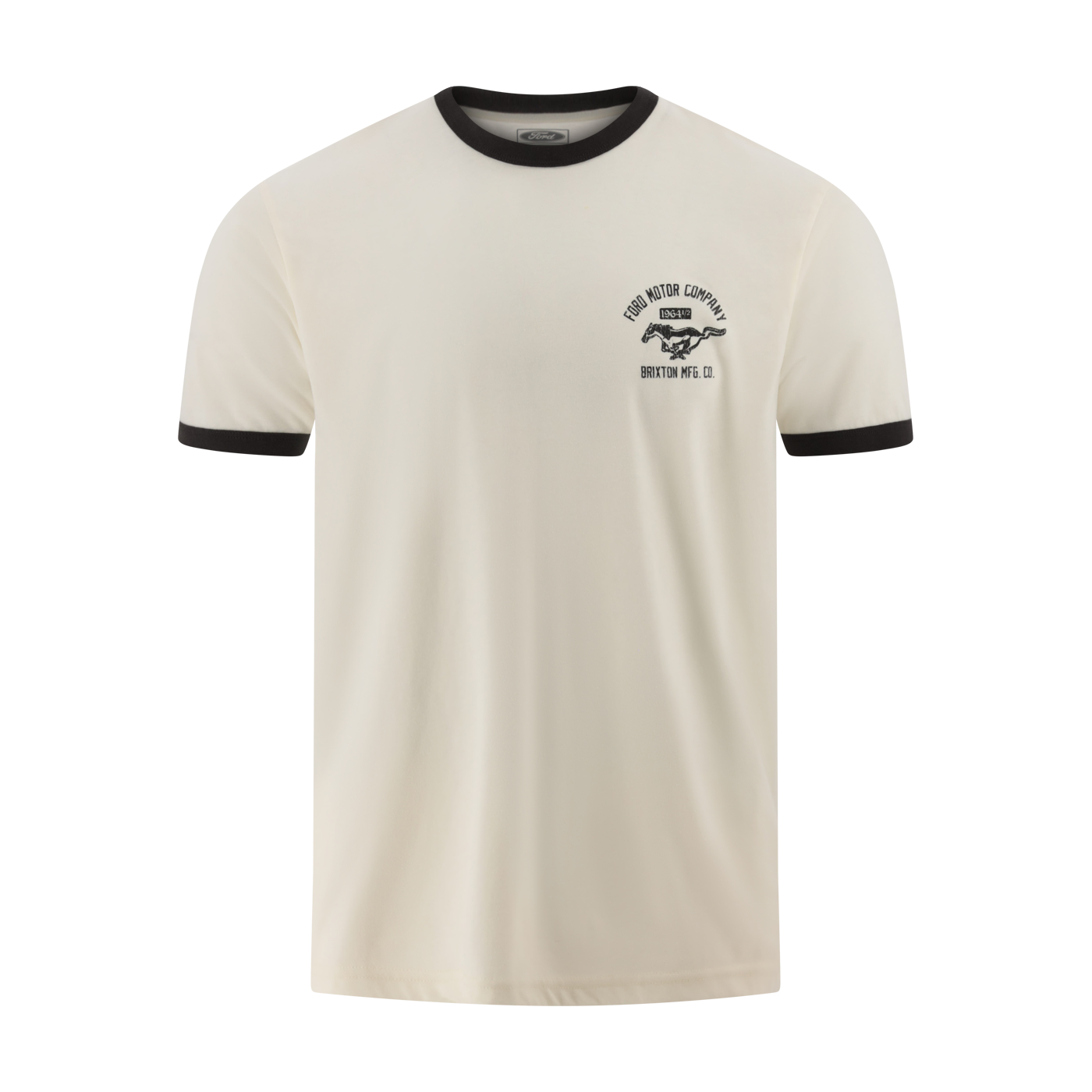 Beige t-shirt with black trim on a white background