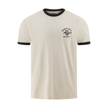 Beige t-shirt with black trim on a white background