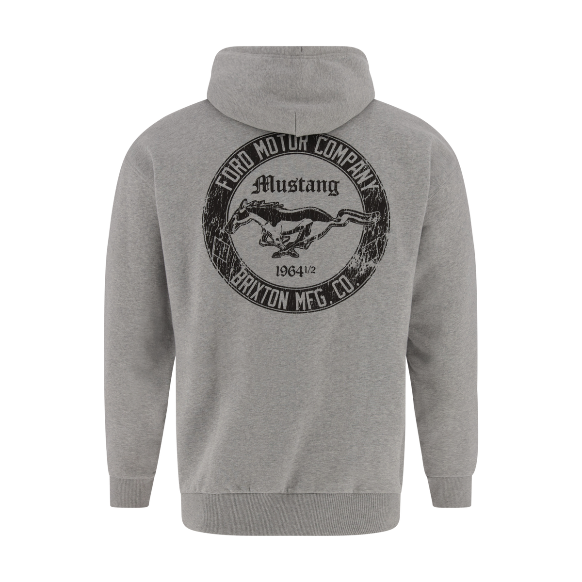Gray hoodie with Ford Mustang logo on the back against a white background