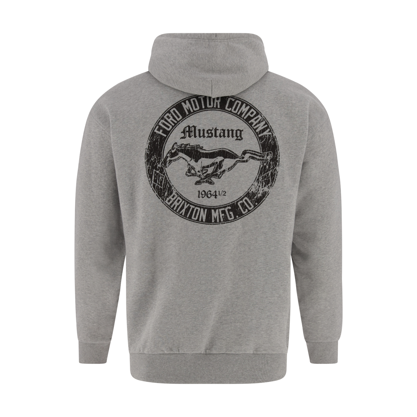 Gray hoodie with Ford Mustang logo on the back against a white background