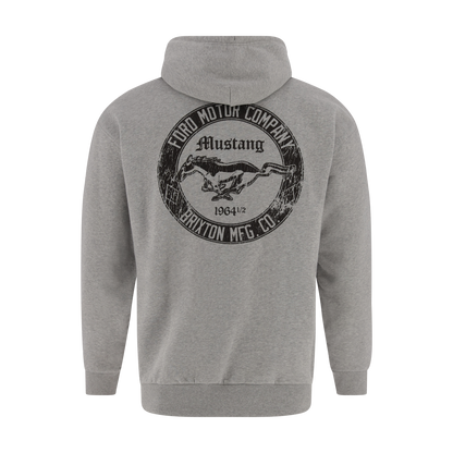 Gray hoodie with Ford Mustang logo on the back against a white background