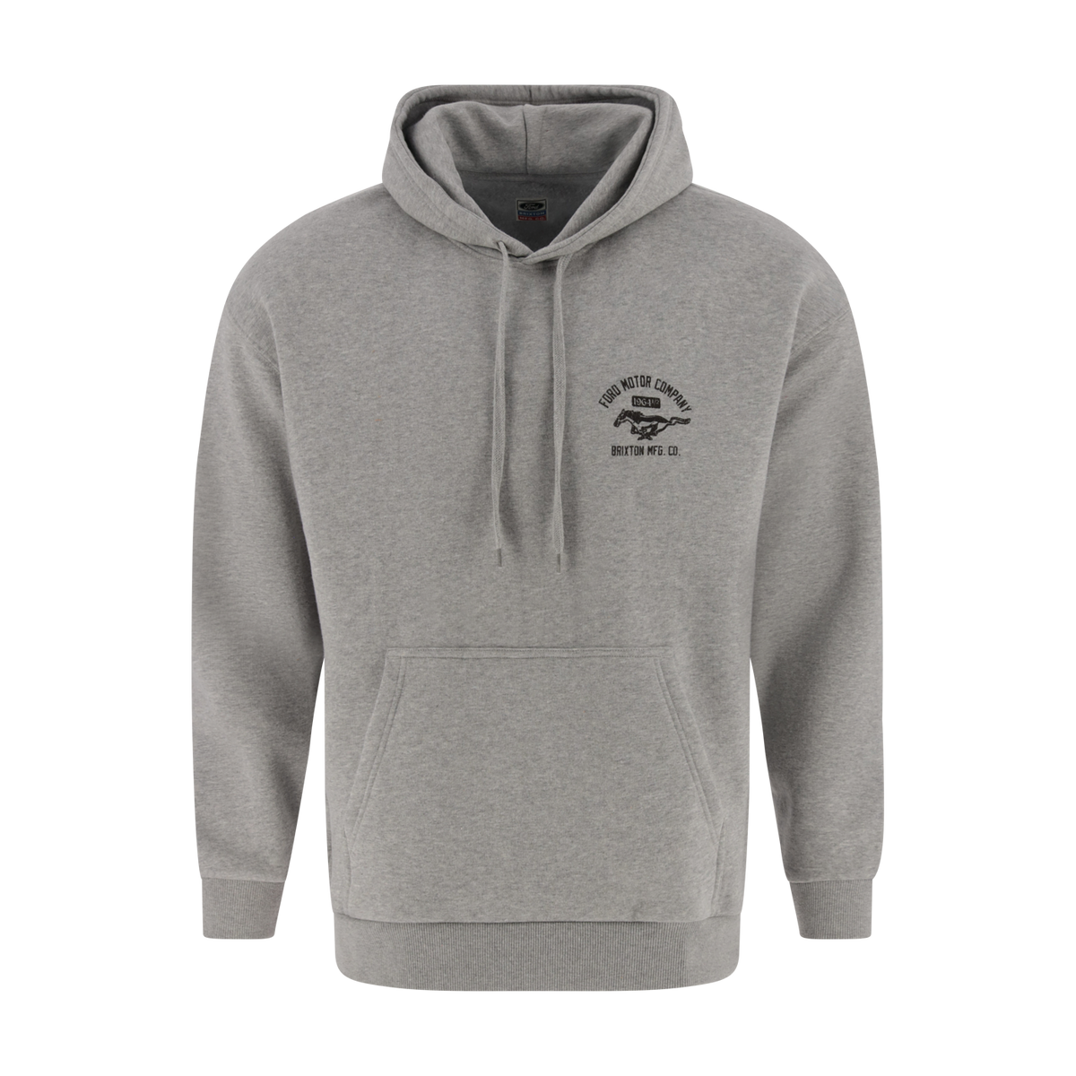Gray hoodie with a logo on the chest against a white background