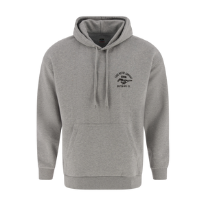 Gray hoodie with a logo on the chest against a white background