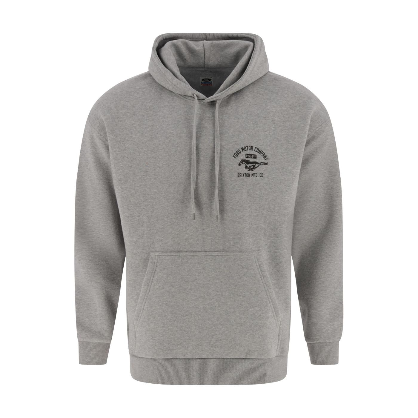 Gray hoodie with a logo on the chest against a white background