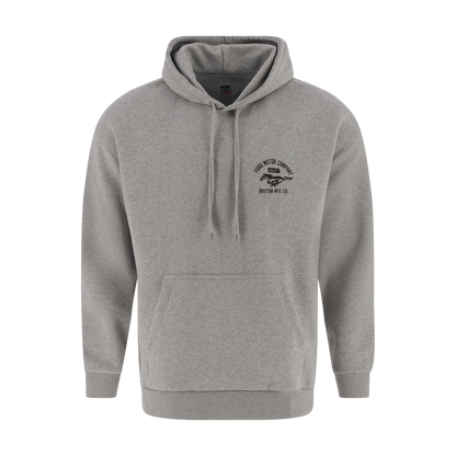 Gray hoodie with a logo on the chest against a white background