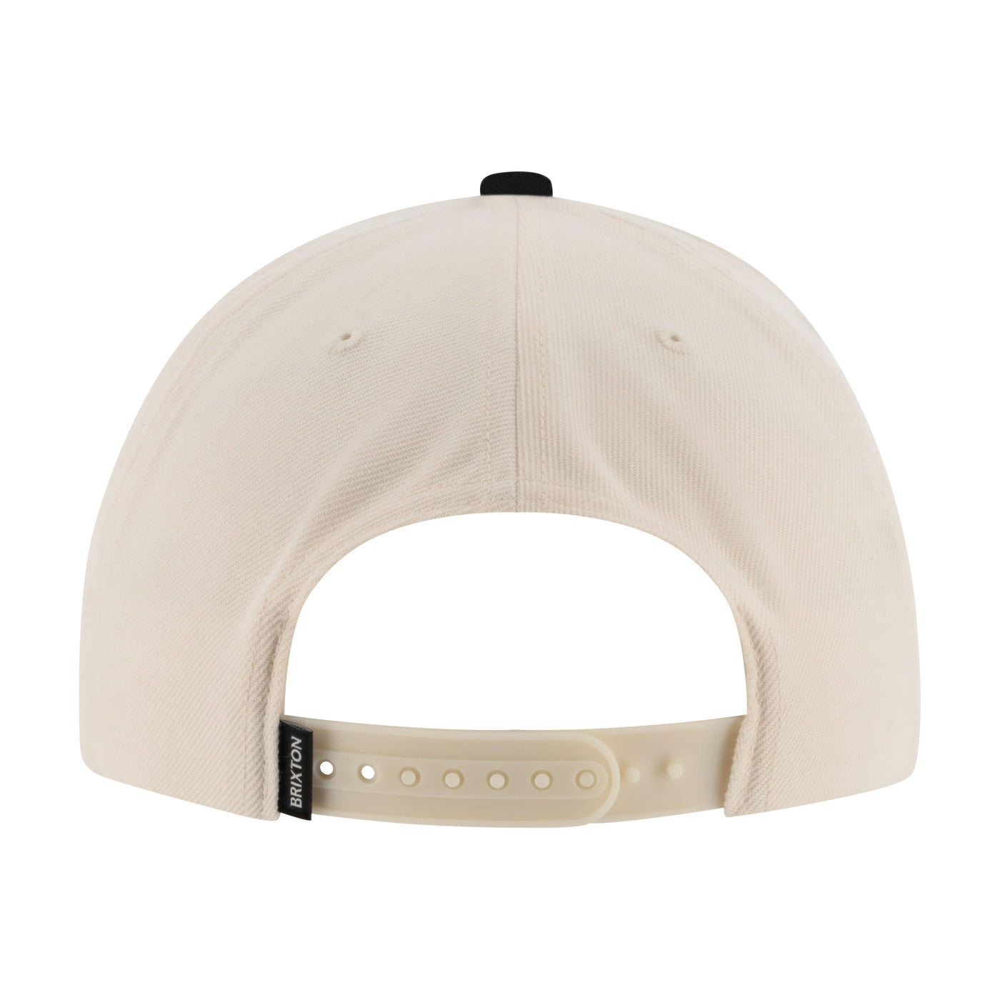 Beige cap with a black strap and logo on a white background