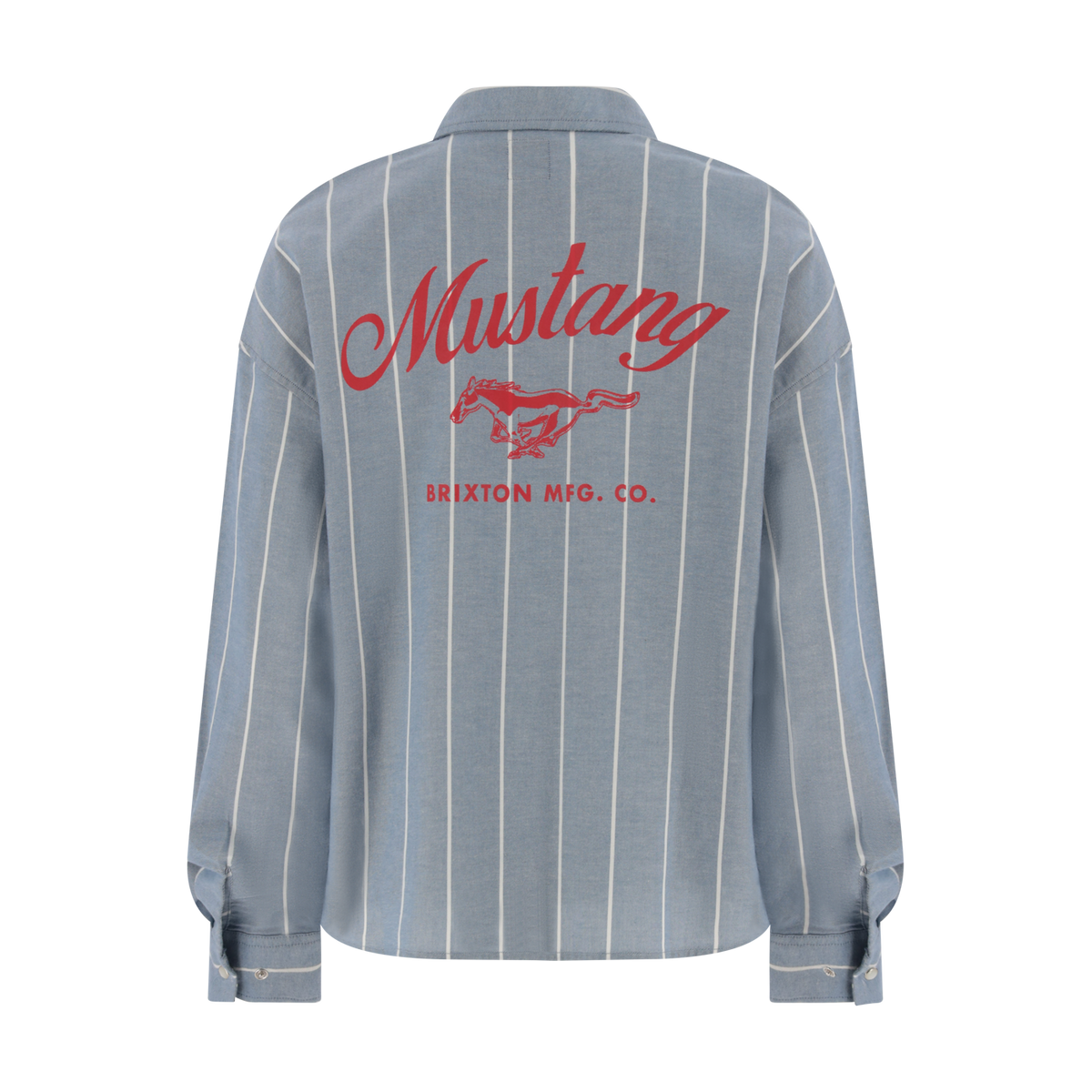 Blue pinstripe shirt with red 'Mustang' logo on a white background