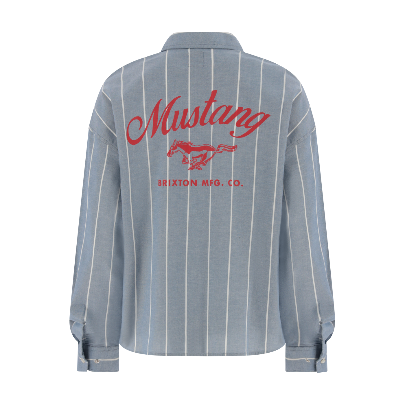 Blue pinstripe shirt with red 'Mustang' logo on a white background