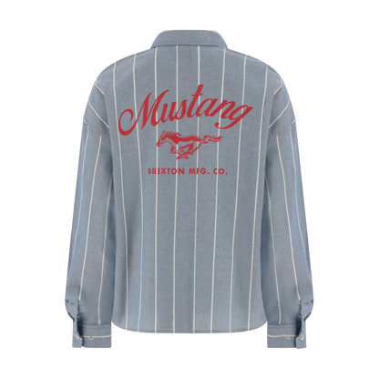 Blue pinstripe shirt with red 'Mustang' logo on a white background