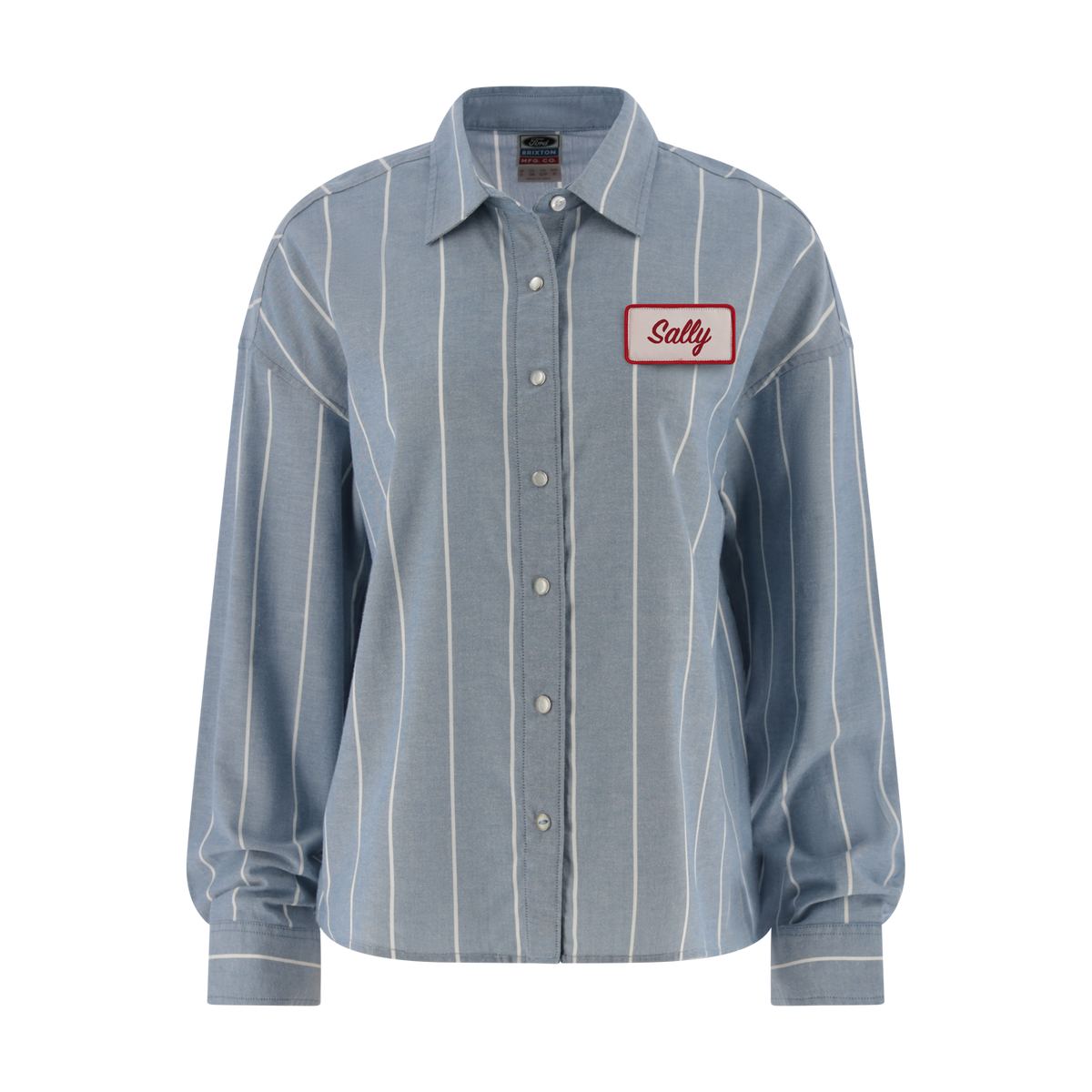 Blue striped shirt with a red label on a white background