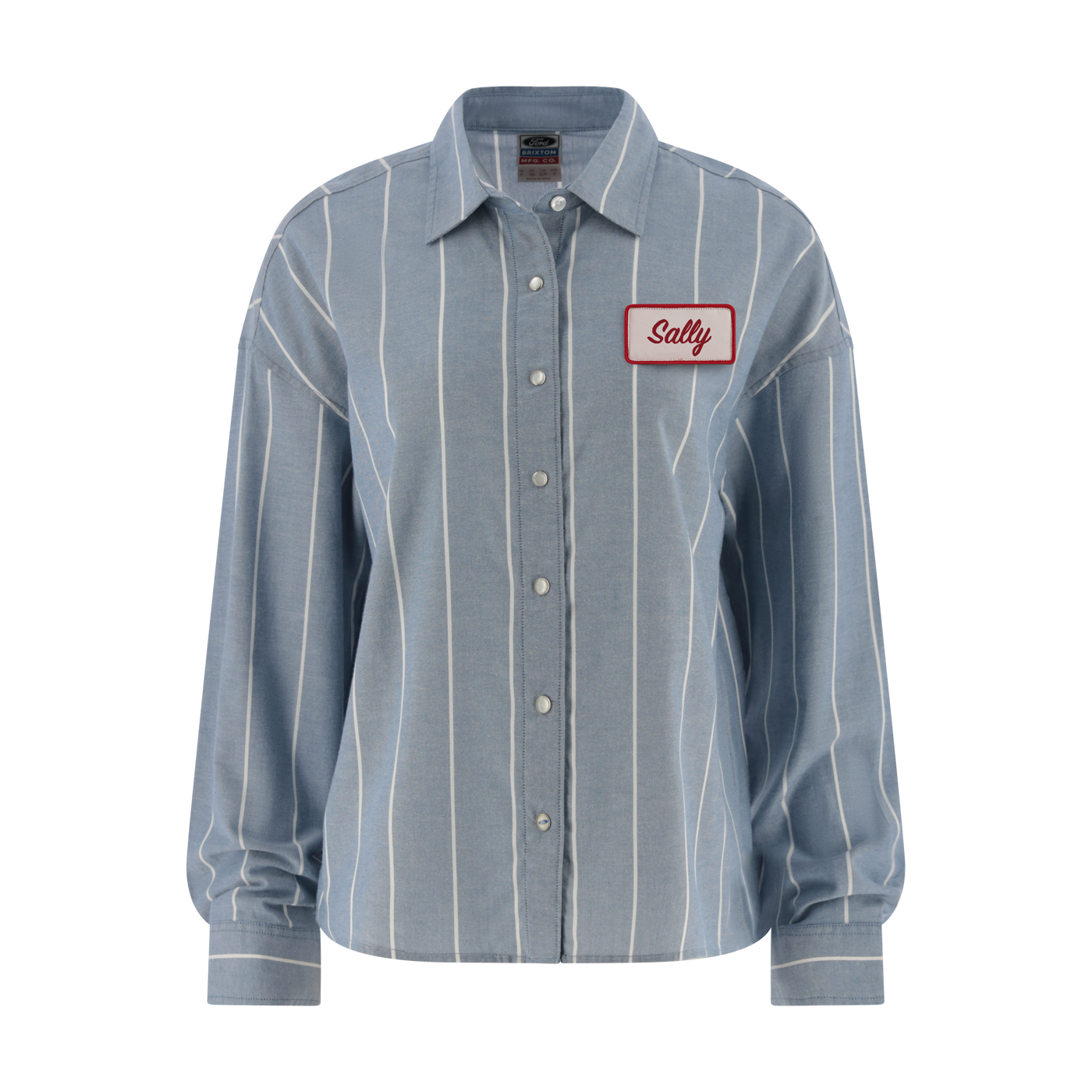 Blue striped shirt with a red label on a white background