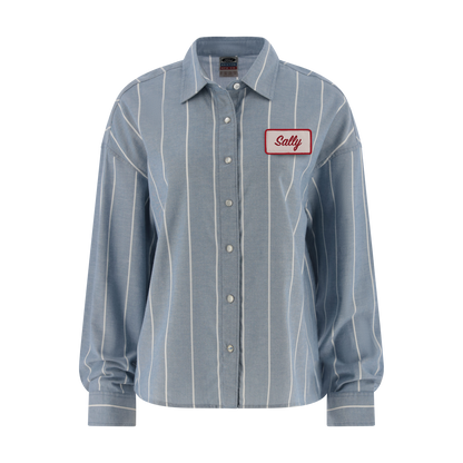 Blue striped shirt with a red label on a white background