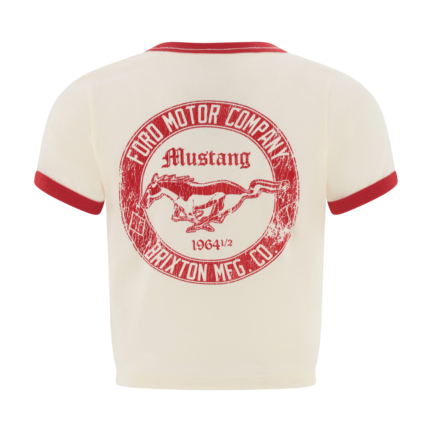 White t-shirt with red accents featuring a Ford Mustang logo on a white background