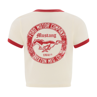 White t-shirt with red accents featuring a Ford Mustang logo on a white background