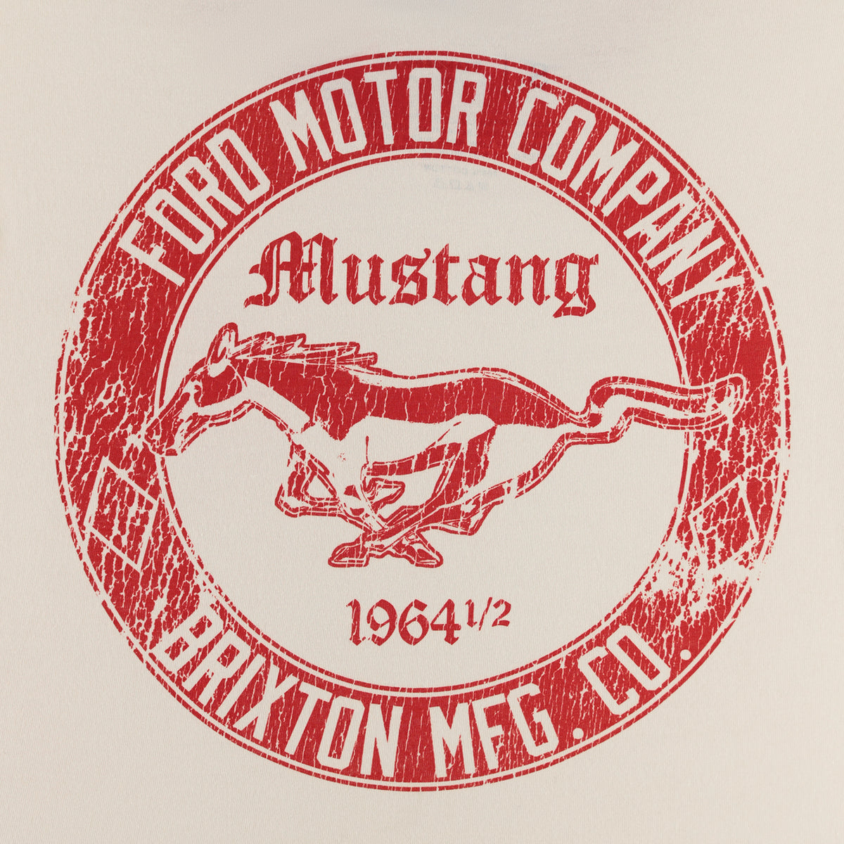 Red stamp-like design of a horse and text on a beige background, Ford Motor Company Mustang.