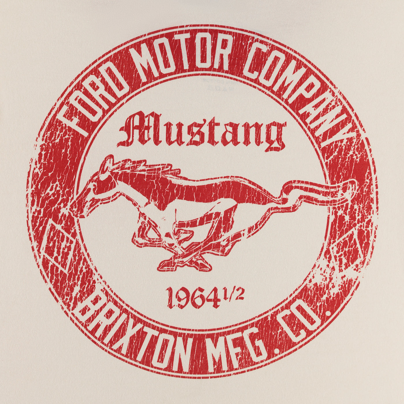 Red stamp-like design of a horse and text on a beige background, Ford Motor Company Mustang.