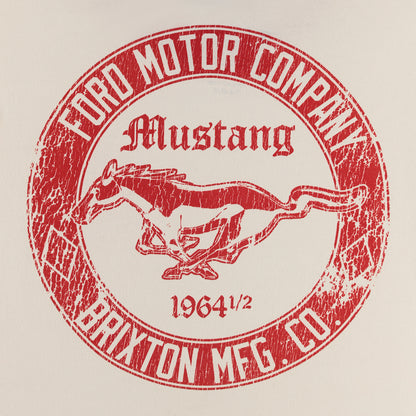 Red stamp-like design of a horse and text on a beige background, Ford Motor Company Mustang.