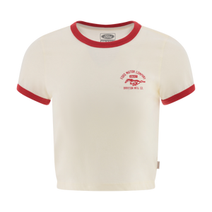White t-shirt with red trim and logo on a white background