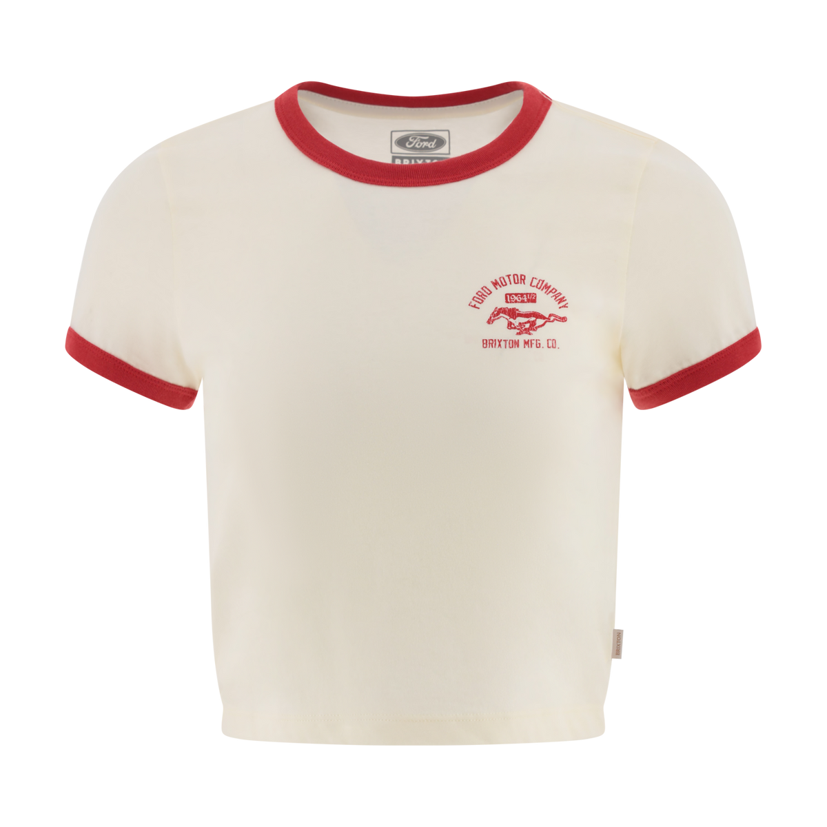 White t-shirt with red trim and logo on a white background