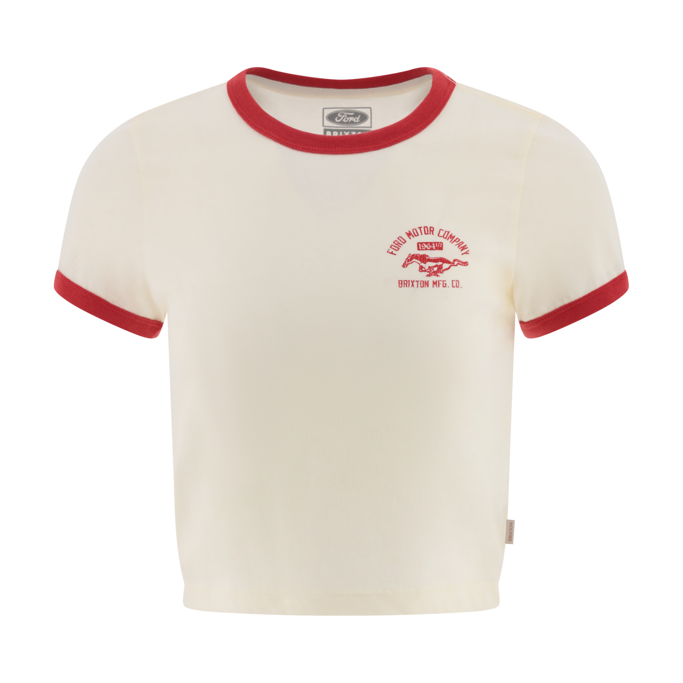 White t-shirt with red trim and logo on a white background