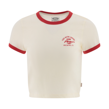 White t-shirt with red trim and logo on a white background