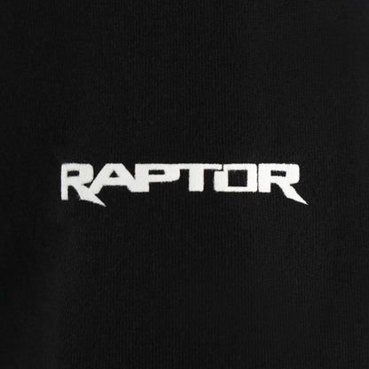 White 'Raptor' logo on a black background