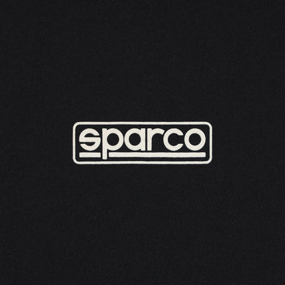 White Sparco logo on a black background