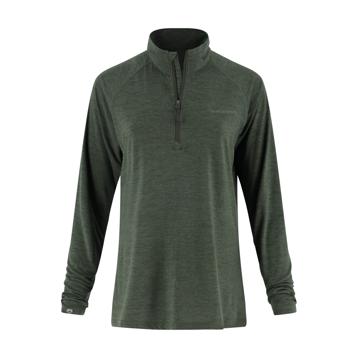 Green long-sleeve Bronco shirt with a quarter zip on a white background