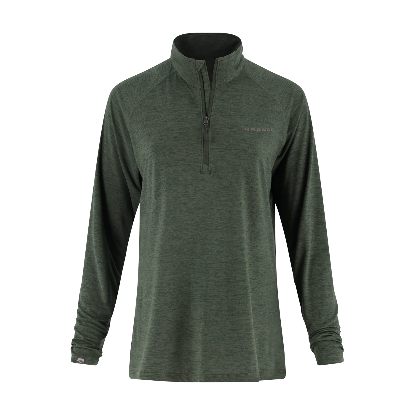 Green long-sleeve Bronco shirt with a quarter zip on a white background