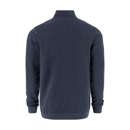 Navy blue half-zip sweatshirt on a white background
