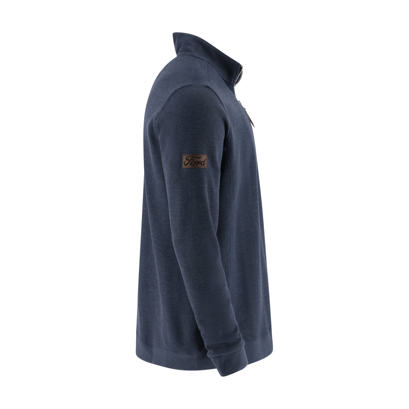 Navy blue fleece pullover with a brand logo on a white background