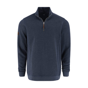 Navy blue pullover with a quarter zip on a white background